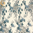 Μπλε τρισδιάστατο ύφασμα δαντελλών κεντητικής διακοσμημένο με χάντρες πλέγμα για τα φορέματα